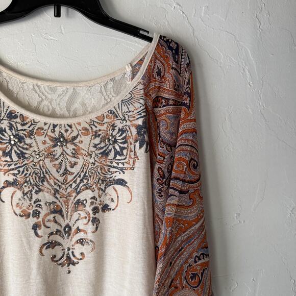 Boho‎ Peasant Top Womens Large Cream Paisley Print Lace Detail Flowy Blouse - Picture 2 of 9